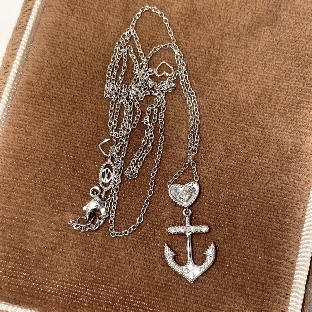 Solid 18K White Gold PHILIPPE CHARRIOL Diamond Anchor Heart Necklace (not 14K )